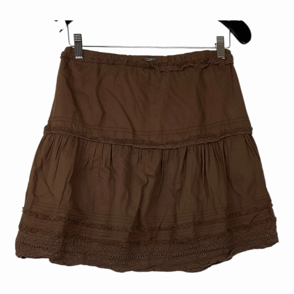 Womens Boho Tiered Mini Skirt Flowy Prairie Western Eyelet Trim Y2K Earth tone